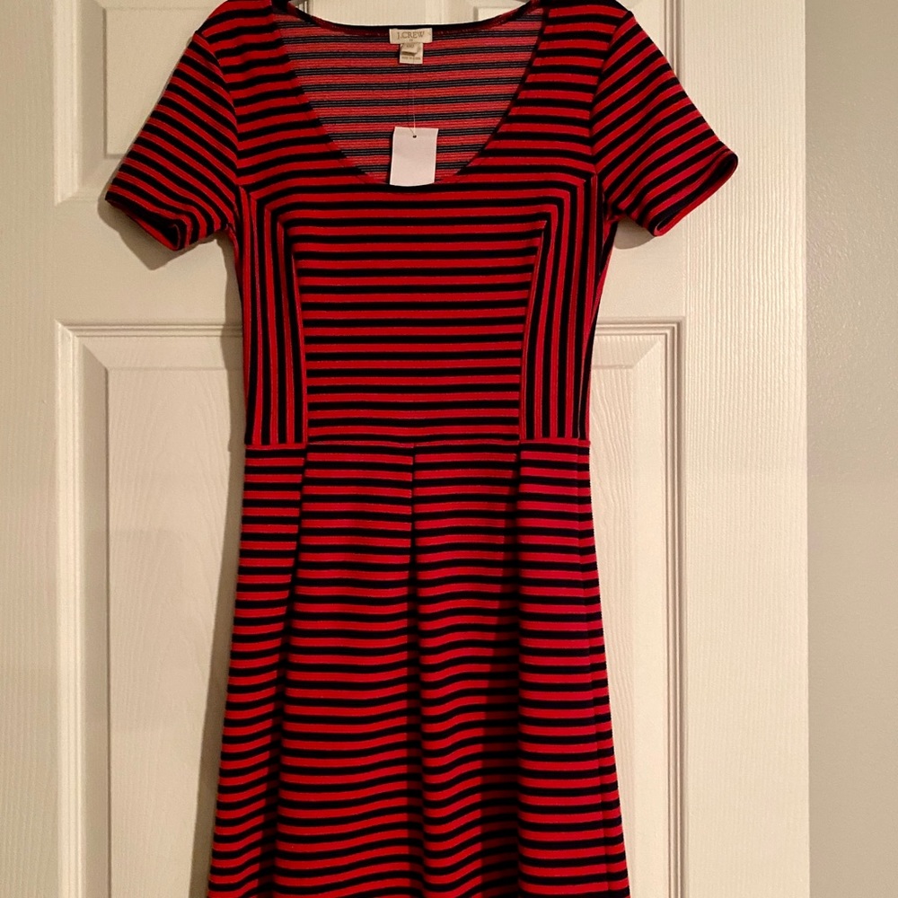 J Crew Factory Red/Navy Striped Scoop Neck Dress